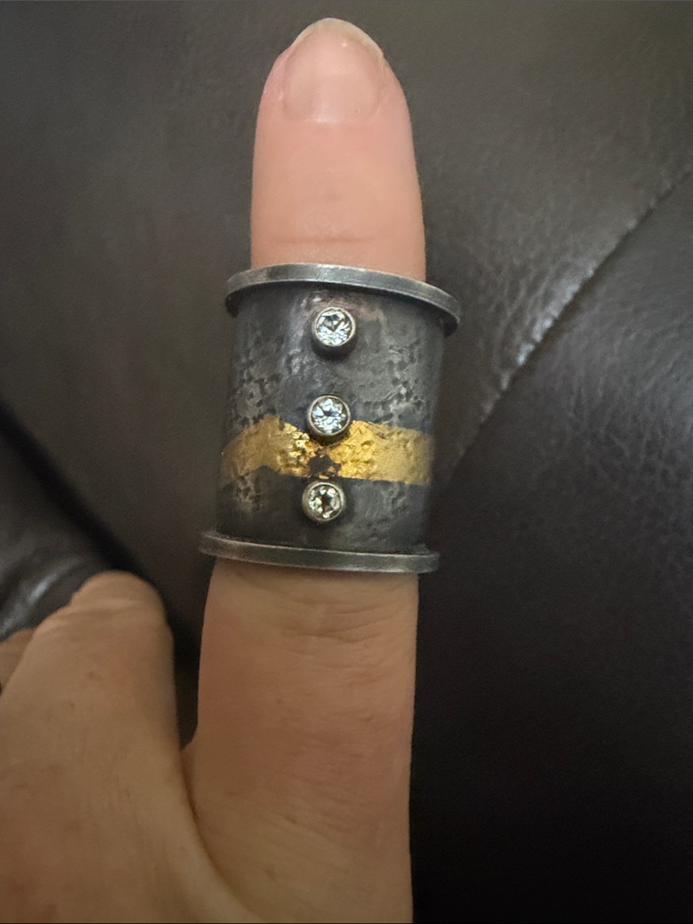 Sterling Silver and Gold Accent Wide Band Ring with Crystal Accents